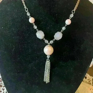 Pink Drop Necklace Faux Pearl Silver Beads Tassel Adjustable Lobster Clasp